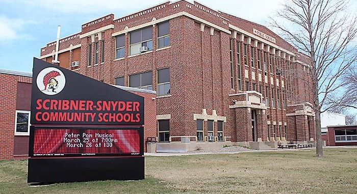 Scribner-Snyder Community Schools building with marquee sign